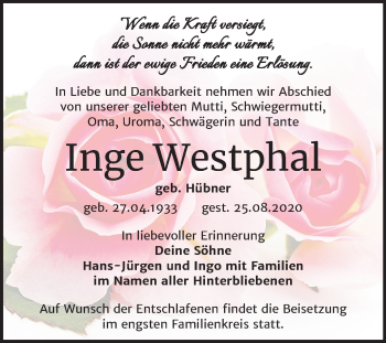 Traueranzeige von Inge Westphal von Super Sonntag Wittenberg