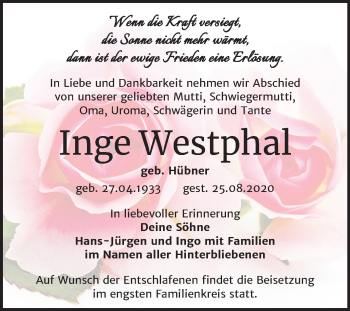 Traueranzeige von Inge Westphal von Mitteldeutsche Zeitung Wittenberg