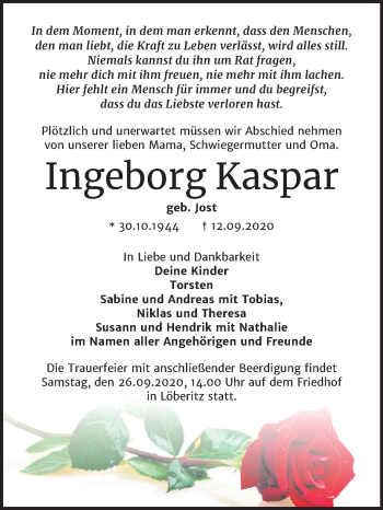 Traueranzeige von Ingeborg Kaspar von Mitteldeutsche Zeitung Bitterfeld
