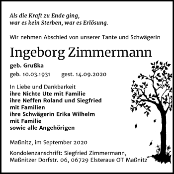 Traueranzeige von Ingeborg Zimmermann von Mitteldeutsche Zeitung Zeitz