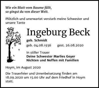 Traueranzeige von Ingeburg Beck von Super Sonntag Aschersleben