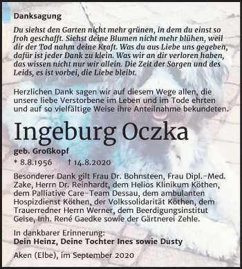 Traueranzeige von Ingeburg Oczka von Mitteldeutsche Zeitung Köthen