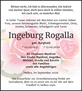 Traueranzeige von Ingeburg Rogalla von Super Sonntag Mansfelder Land
