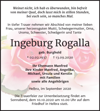 Traueranzeige von Ingeburg Rogalla von Mitteldeutsche Zeitung Mansfelder Land