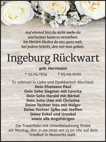Traueranzeige von Ingeburg Rückwart von Wochenspiegel Bitterfeld