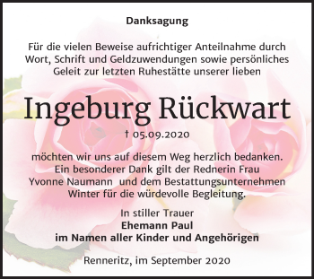Traueranzeige von Ingeburg Rückwart von Mitteldeutsche Zeitung Bitterfeld