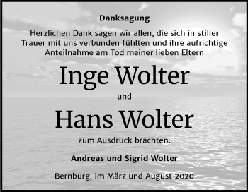 Traueranzeige von Inge und v Wolter von Mitteldeutsche Zeitung Bernburg