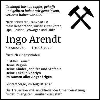 Traueranzeige von Ingo Arendt von Super Sonntag Quedlinburg
