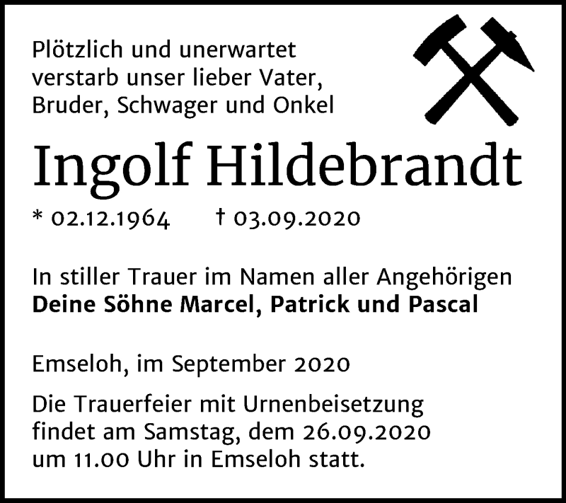  Traueranzeige für Ingolf Hildebrandt vom 12.09.2020 aus Super Sonntag Sangerhausen