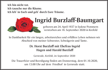 Traueranzeige von Ingrid Burzlaff-Baumgart von Mitteldeutsche Zeitung Quedlinburg