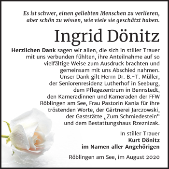 Traueranzeige von Ingrid Dönitz von Mitteldeutsche Zeitung Mansfelder Land