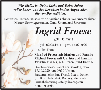 Traueranzeige von Ingrid Froese von Mitteldeutsche Zeitung Quedlinburg