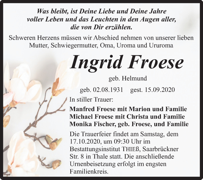  Traueranzeige für Ingrid Froese vom 26.09.2020 aus Super Sonntag Quedlinburg