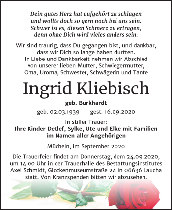 Traueranzeige von Ingrid Kliebisch von Mitteldeutsche Zeitung Merseburg/Querfurt