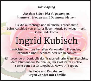 Traueranzeige von Ingrid Kubisch von Mitteldeutsche Zeitung Bitterfeld