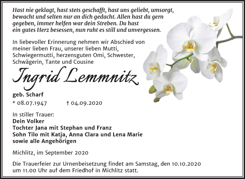  Traueranzeige für Ingrid Lemmnitz vom 16.09.2020 aus Wochenspiegel Weißenfels