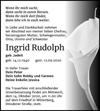 Traueranzeige von Ingrid Rudolph von Mitteldeutsche Zeitung Wittenberg