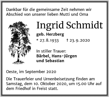 Traueranzeige von Ingrid Schmidt von Mitteldeutsche Zeitung Mansfelder Land