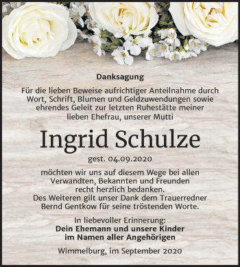 Traueranzeige von Ingrid Schulze von Mitteldeutsche Zeitung Mansfelder Land