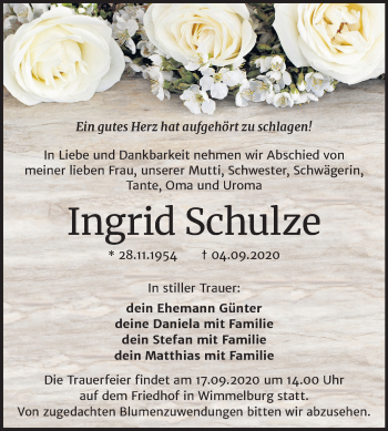 Traueranzeige von Ingrid Schulze von Mitteldeutsche Zeitung Mansfelder Land
