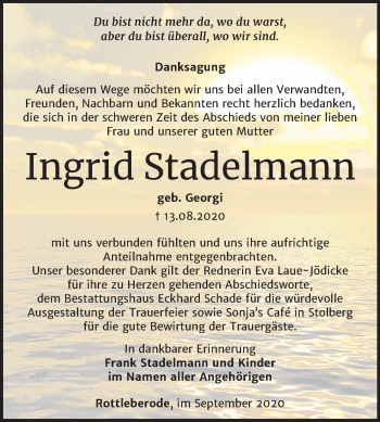 Traueranzeige von Ingrid Stadelmann von Mitteldeutsche Zeitung Sangerhausen