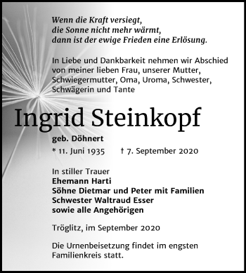 Traueranzeige von Ingrid Steinkopf von Mitteldeutsche Zeitung Zeitz