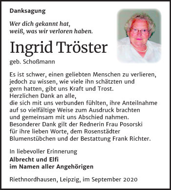 Traueranzeige von Ingrid Tröster von Super Sonntag Sangerhausen