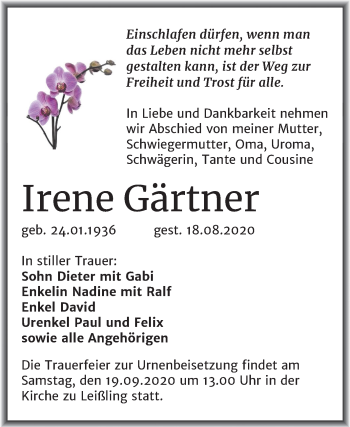 Traueranzeige von Irene Gärtner von Wochenspiegel Weißenfels