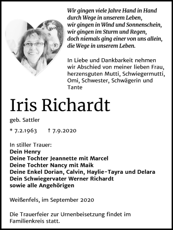 Traueranzeige von Iris Richardt von Mitteldeutsche Zeitung Weißenfels