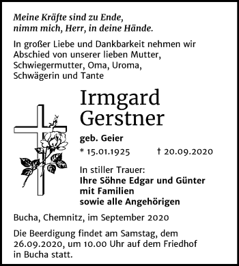 Traueranzeige von Irmgard Gerstner von Mitteldeutsche Zeitung Naumburg/Nebra