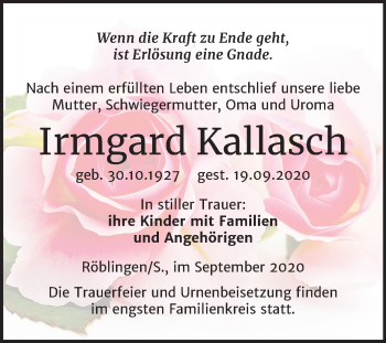Traueranzeige von Irmgard Kallasch von Mitteldeutsche Zeitung Mansfelder Land