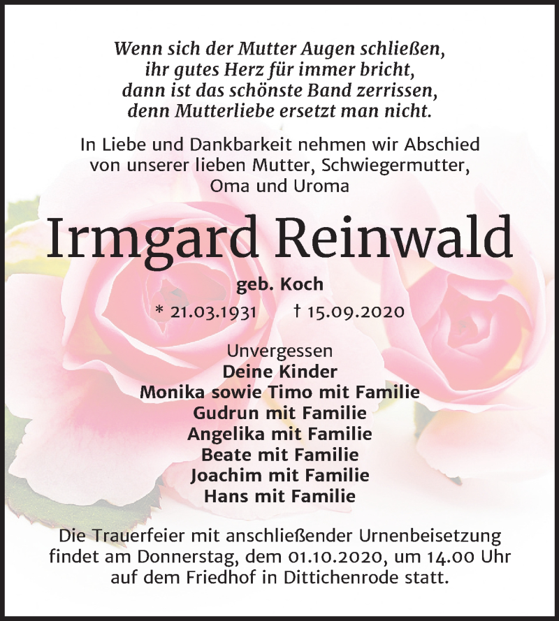  Traueranzeige für Irmgard Reinwald vom 26.09.2020 aus Super Sonntag Sangerhausen