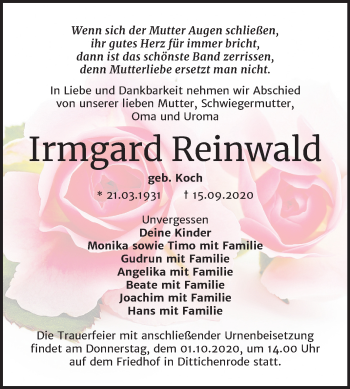 Traueranzeige von Irmgard Reinwald von Super Sonntag Sangerhausen