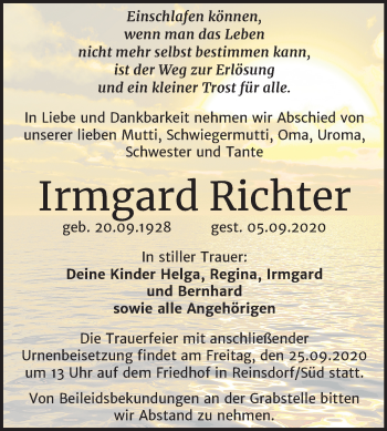 Traueranzeige von Irmgard Richter von Mitteldeutsche Zeitung Wittenberg