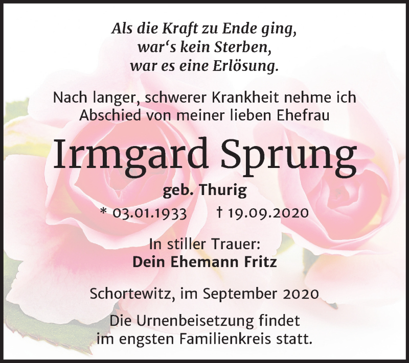  Traueranzeige für Irmgard Sprung vom 25.09.2020 aus Mitteldeutsche Zeitung Köthen