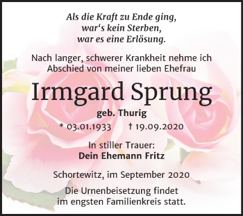 Traueranzeige von Irmgard Sprung von Super Sonntag Köthen