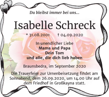 Traueranzeige von Isabelle Schreck von Super Sonntag Merseburg/Querfurt