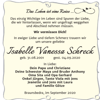 Traueranzeige von Isabelle Vanessa Schreck von Super Sonntag Merseburg/Querfurt