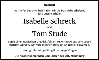 Traueranzeige von Isabelle und Tom  von Mitteldeutsche Zeitung Merseburg/Querfurt / Naumburg/Nebra