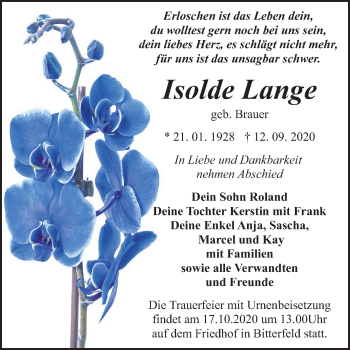 Traueranzeige von Isolde Lange von Mitteldeutsche Zeitung Bitterfeld