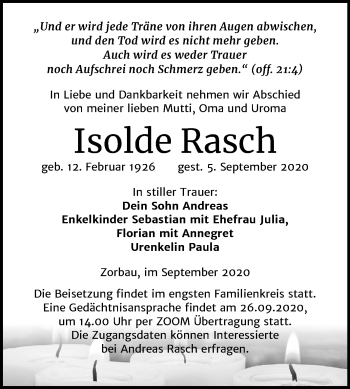 Traueranzeige von Isolde Rasch von Super Sonntag Weißenfels