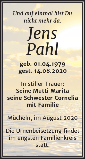 Traueranzeige von Jens Pahl von Super Sonntag Merseburg/Querfurt