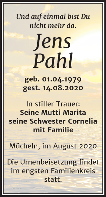 Traueranzeige von Jens Pahl von Mitteldeutsche Zeitung Merseburg/Querfurt