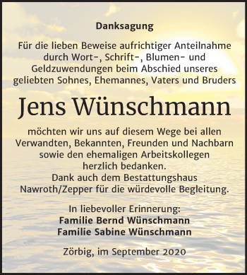 Traueranzeige von Jens Wünschmann von Wochenspiegel Bitterfeld