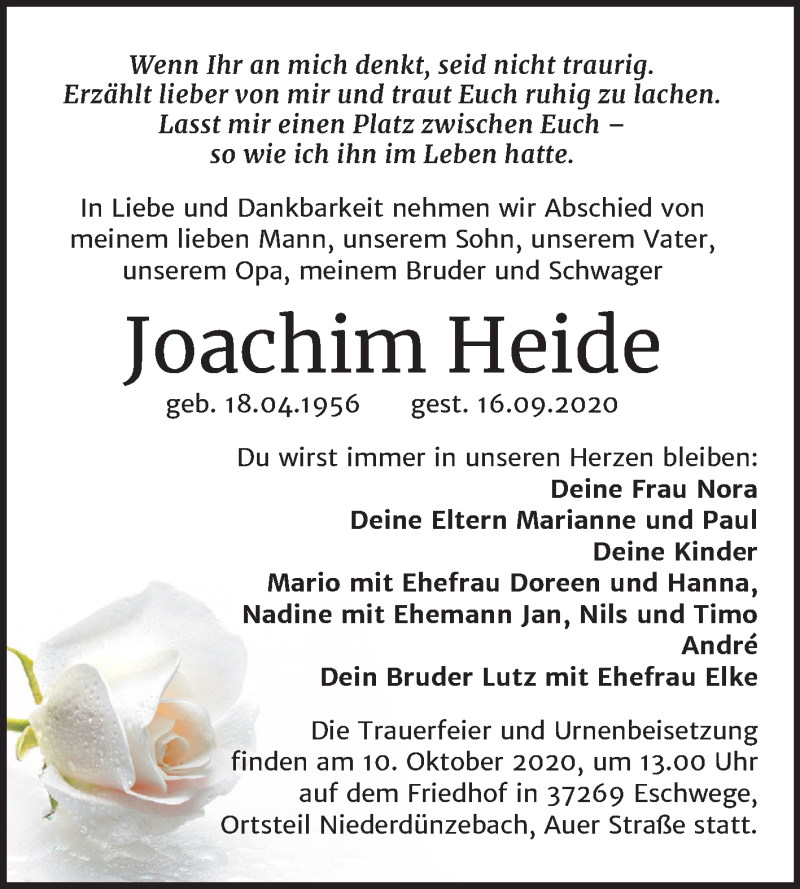  Traueranzeige für Joachim Heide vom 26.09.2020 aus Mitteldeutsche Zeitung Sangerhausen