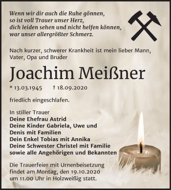 Traueranzeige von Joachim Meißner von Wochenspiegel Bitterfeld