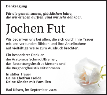 Traueranzeige von Jochen Fut von Wochenspiegel Naumburg/Nebra