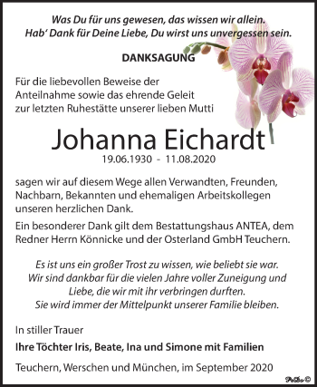 Traueranzeige von Johanna Eichardt von Mitteldeutsche Zeitung Weißenfels