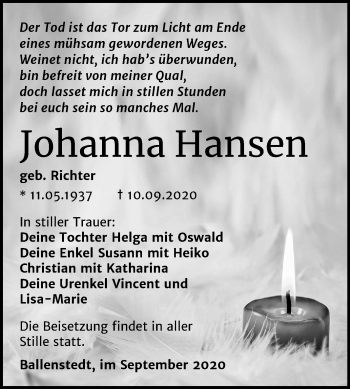 Traueranzeige von Johanna Hansen von Mitteldeutsche Zeitung Quedlinburg