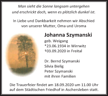 Traueranzeige von Johanna Szymanski von Super Sonntag Aschersleben
